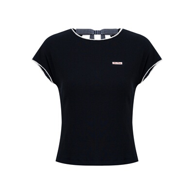 U型露背花边拼接格纹蝴蝶结短袖