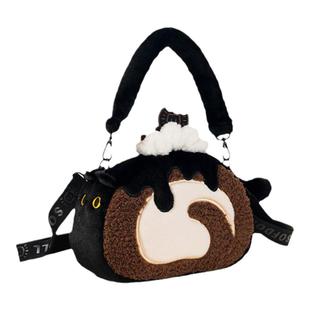 设绘人猫猫瑞士卷可爱黑猫毛绒斜挎痛包单肩手提玩偶包女生日礼物