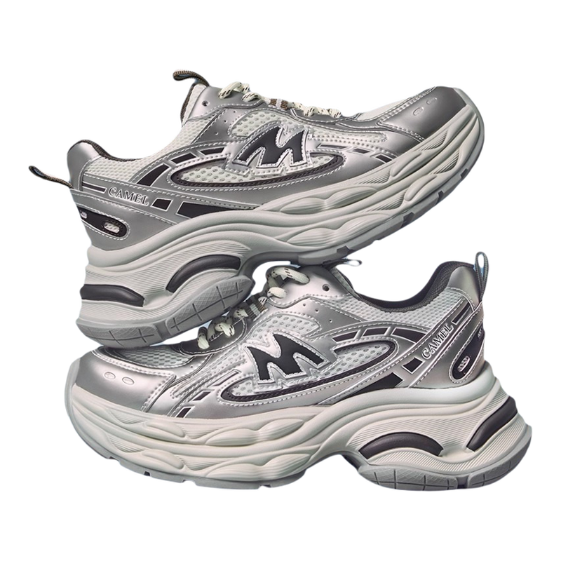 骆驼银河3代运动鞋女2026春季老爹鞋厚底复古慢跑鞋女银色休闲鞋