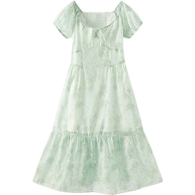 森马U领晕染碎花雪纺连衣裙女