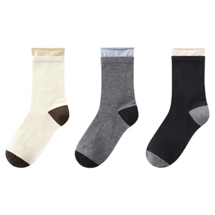 林卡女士袜子长绒棉舒适超柔撞色双罗口中筒袜3双装四季厚薄适中