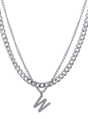 新款W字母双层项链 男轻奢小众嘻哈男士潮锁骨毛衣链情侣高级感女