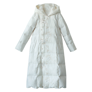 【冬来枝白】复古国风偏襟刺绣中长款羽绒服女冬季连帽白鸭绒外套