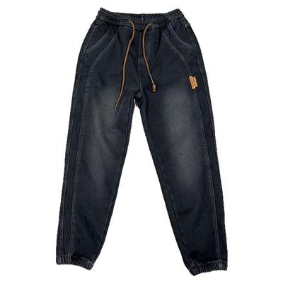 加绒加厚牛仔裤男士秋冬季新款宽松哈伦裤潮流痞帅拼接黑色束脚裤