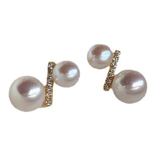 《逢春》天然极光淡水珍珠耳钉双珠百分号耳饰精工925纯银气质