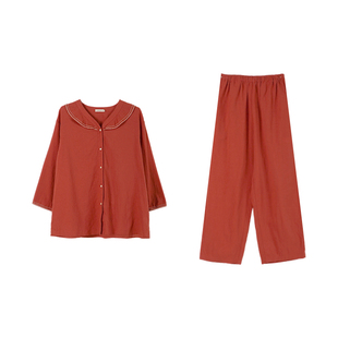 朵朵可可睡衣女2026春夏新品梭织棉麻甜美风红色长袖家居服套装