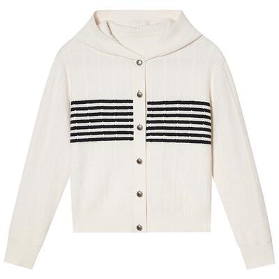 PSALTER诗篇针织开衫女连帽宽松黑白条纹羊毛女士长袖通勤风上衣