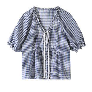大于诗集 舒芙蕾2.0 法式少女感复古格子衬衣木耳边V领短袖衬衫夏
