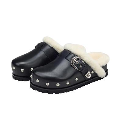 BREADTREE铆钉装饰厚底羊毛拖鞋