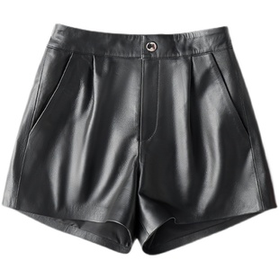 新款真皮皮裤百搭宽松显瘦松紧高腰a字阔腿裤纯绵羊皮短裤女外穿