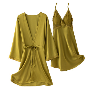 长袖睡衣女春夏季冰丝薄款睡袍睡裙两件套装性感纯欲风露背家居服