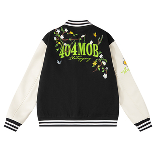 404MOB重工花卉刺绣美式棒球服外套男女撞色PU皮拼接飞行员厚夹克