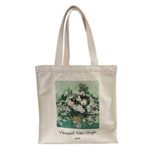 梵高玫瑰油画帆布包大容量手提百搭购物袋拉链单肩包男女学生书包