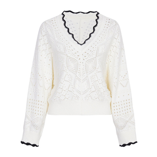婉甸2025象牙白镂空毛织套头衫甜美风针织衫1241W31RX3