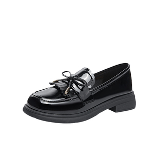 大东乐福鞋女秋冬2026新款漆皮女鞋舒适软底蝴蝶结黑色圆头小皮鞋