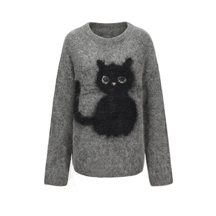 IF BY LAND设计师品牌LOOKNOW秋新猫咪提花猫猫风羊驼毛毛衣