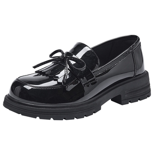 热风黑色乐福鞋女鞋2025年秋季新款粗跟单鞋简约通勤小皮鞋配裙子