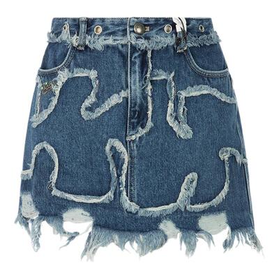 ANDERSSON BELL 春季新款女波浪纹毛边短款牛仔半身裙