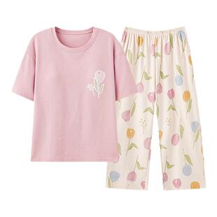 三枪睡衣女款夏季纯棉短袖七分裤甜美家居服夏天薄款女士全棉套装