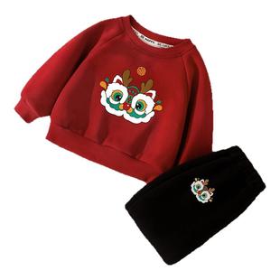 儿童套装男童2026新款秋冬季红色宝宝加绒保暖卫衣女童运动服冬装