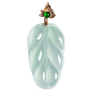 缅甸天然翡翠A货冰种老坑冰透金枝玉叶如意吊坠18K金大业有成挂件