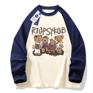 NASA联名纯棉春秋季新款拼接美式卡通长袖t恤男女宽松撞色插肩袖