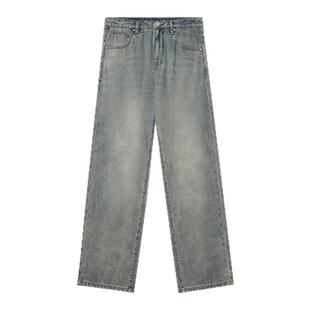 GWIT 美式潮牌霜花石磨水洗cleanfit春秋阔腿长裤浅色牛仔裤男