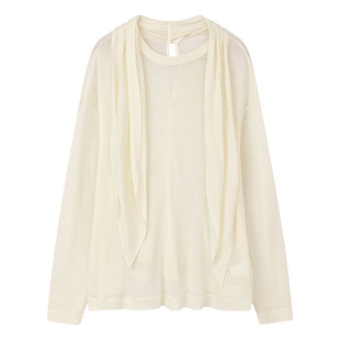 BLINK/可机洗美利奴高支羊毛笈细柔软微透飘带长袖针织廓形罩衫黄