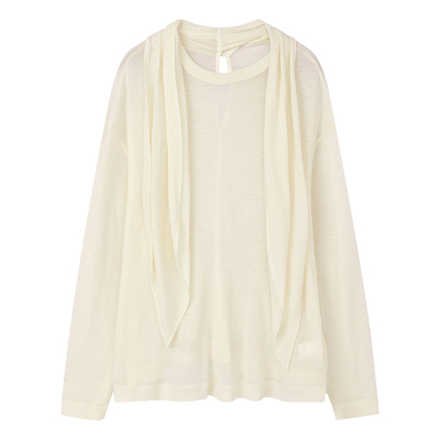 BLINK/可机洗美利奴高支羊毛笈细柔软微透飘带长袖针织廓形罩衫黄