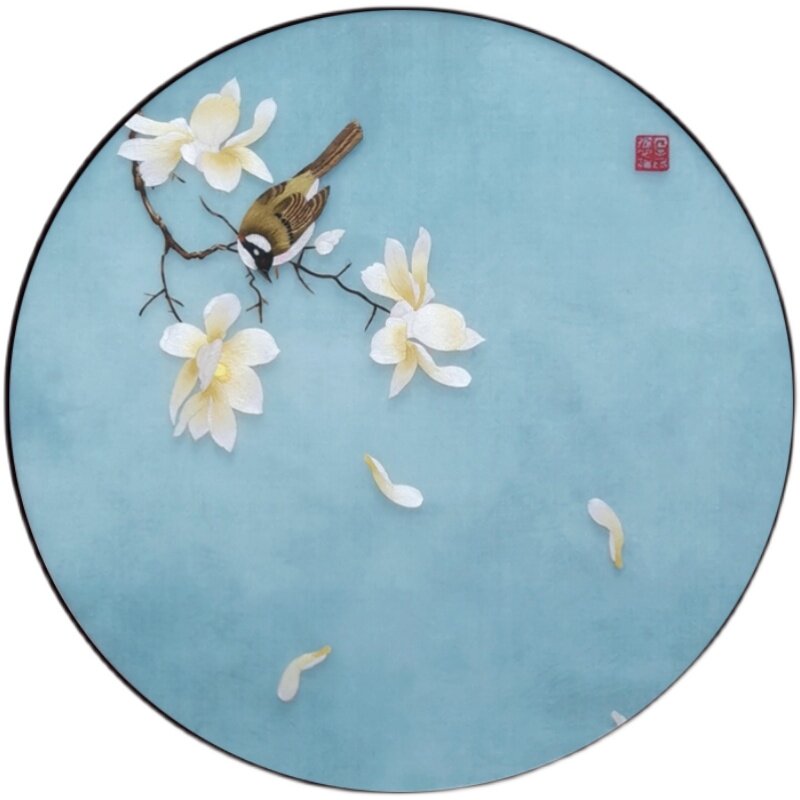 玉兰荷花手工刺绣真丝圆形半透明