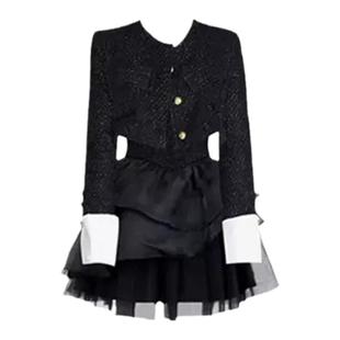 春秋新款炸街小香风短外套蓬蓬连衣裙小个子甜辣韩剧两件套装洋气