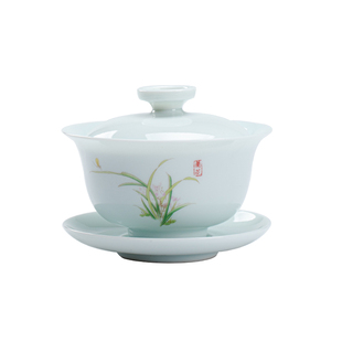 羊脂玉瓷兰花山水三才盖碗茶杯单个陶瓷茶碗简约手绘白瓷盖碗薄胎