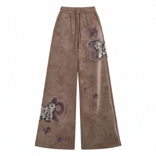 大码女装胖mm美式复古休闲卫裤女秋冬美拉德贴布设计显瘦阔腿裤子