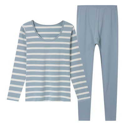 新一步保暖内衣女士纯棉条纹印花中年修身打底棉毛衫秋衣秋裤套装