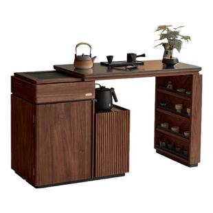 实木旋转茶桌茶台烧水下水黑胡桃木榻榻米茶室可伸缩阳台茶水柜