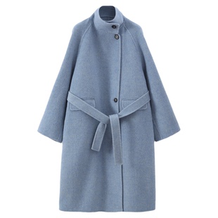 Jicouture 羊绒桑蚕丝羊毛混纺双面尼大衣女冬季立领长款毛呢外套