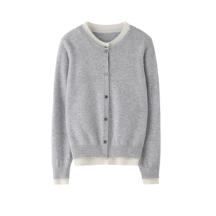 新款假两件叠穿圆领山羊绒开衫女外套秋冬拼色宽松百搭显瘦针织衫