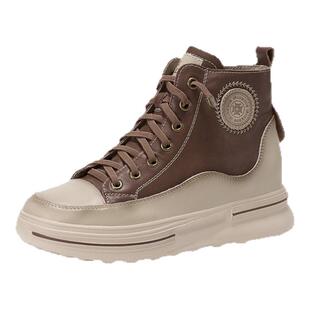 波尔谛奇【超轻】真皮复古高帮鞋女春款百搭厚底增高休闲鞋