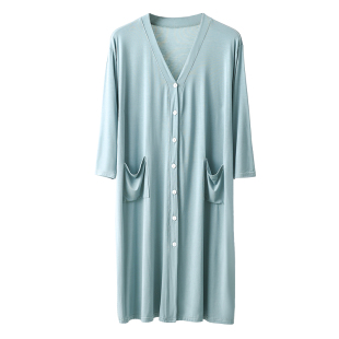莫代尔男士睡裙睡袍v领宽松夏季冰丝连体睡衣家居服浴袍晨袍长袍