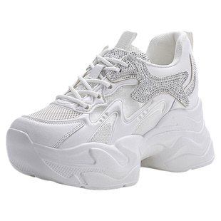 水钻老爹鞋女厚底内增高9cm透气网面2026新款夏季白色运动休闲鞋