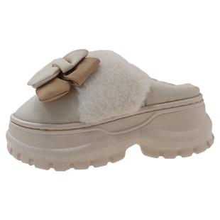 增高棉拖鞋女秋冬季室内外穿可爱蝴蝶结加绒毛毛保暖防滑厚底拖鞋