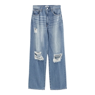 SLY 冬季新品复古做旧破洞毛边高腰直筒牛仔裤