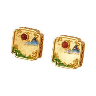 千里江山纯银鎏金耳钉花丝镶嵌南红珐琅青山绿水国风轻奢耳饰耳环