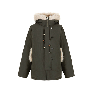 范洛Fano 毛领连帽防风工装羽绒服女松弛挂绳拼毛饰边派克服外套