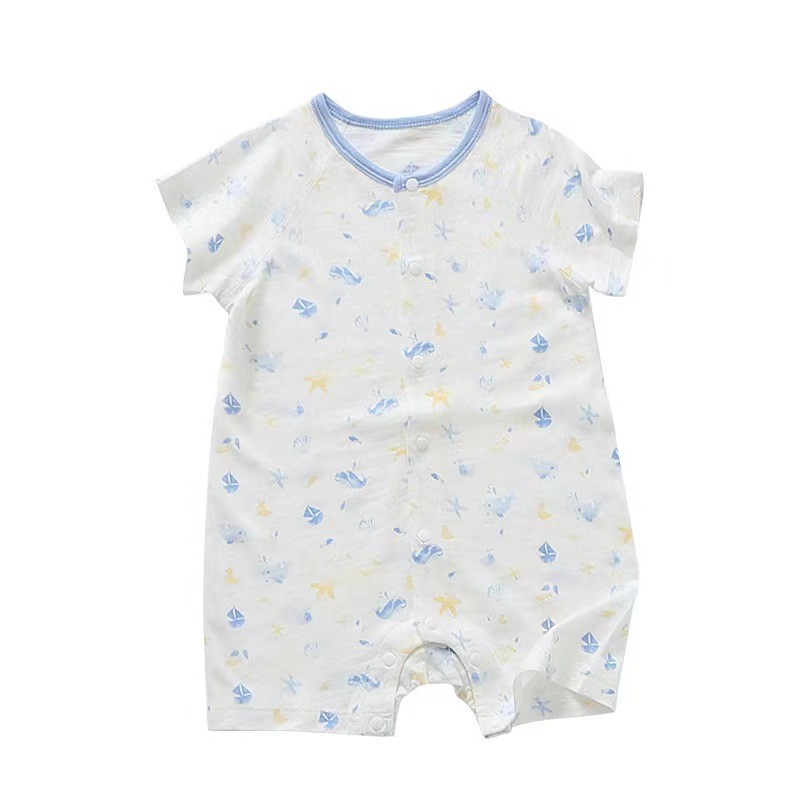 婴儿连体衣短袖短裤夏季男宝网眼超薄竹纤维爬服女哈衣2夏天衣服