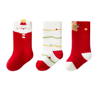 婴儿新年红色加绒加厚毛圈袜秋冬