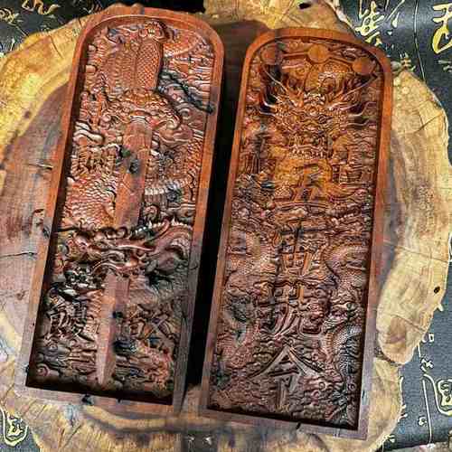 精雕令牌雷焦枣木道五号令令牌令牌令牌摆件浮雕双面龙雷剑