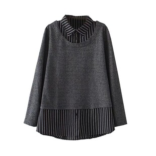 春秋季长袖妈妈装上衣中老年假两件套头大码女装宽松显瘦洋气衬衫