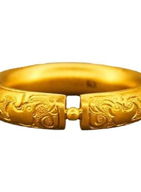 传承古法梧桐生矣手工錾刻黄金色情侣对戒指环结婚戒指食指戒子