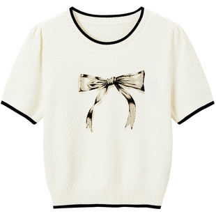 【商场同款】乐町春季圆领蝴蝶结线套衫针织短袖C1EEE3102